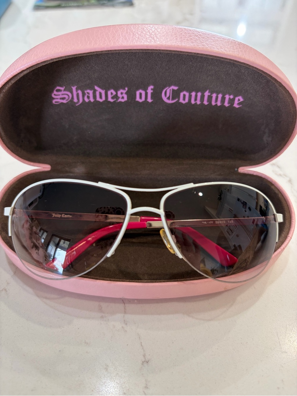 Juicy Couture White Frame Sunglasses with Pink Temples and Gradient Lenses